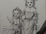 drawing of a woman and two children standing next to each other