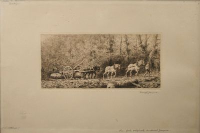 a black and white photo of horses pulling a wagon