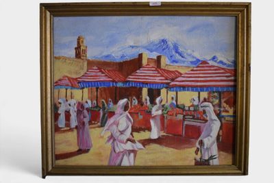 tableau représentant une scène de marché avec une montagne en arrière-plan