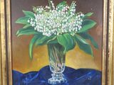 a painting of flowers in a vase on a blue cloth