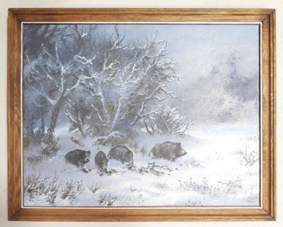 une photo d'un tableau représentant trois ours dans la neige