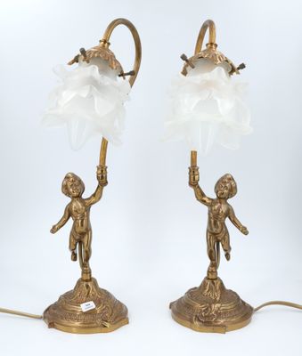 pair of antique brass table lamps with frosted glass lampshads