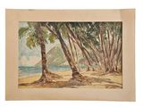 a painting of a beach scene with palm trees and a body of water