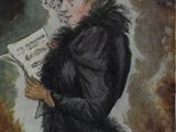 tableau représentant une femme en manteau noir en train de lire un livre