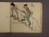 un livre ouvert sur lequel est dessiné un homme dans un escalier
