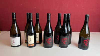 six bouteilles de vin sont alignées sur une table