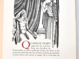 an open book with a drawing of a woman and a man