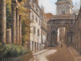 une peinture représentant une rue de la ville avec une tour horloge en arrière-plan