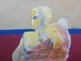 a painting of a woman sitting on a bench