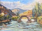 une peinture à l'huile représentant un pont enjambant une rivière, avec des montagnes en arrière-plan