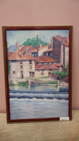« Bords de Vienne », huile sur carton annotée au dos Atelier H Ma...
