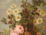 a painting of flowers in a vase on a table