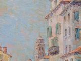an oil painting of a street scene with a horse and carriage