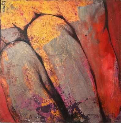 abstract painting of two birds on a tree branch in a red, yellow, and grey background