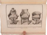 an old book with a drawing of a chair and a chair