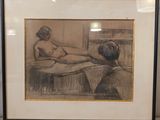 tableau représentant une femme nue assise sur un lit, tandis qu'un homme la regarde