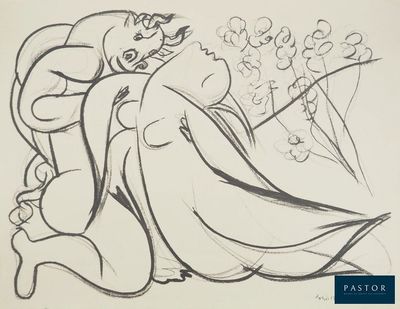 dessin représentant une femme assise sur une chaise, tenant un bouquet de fleurs