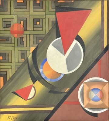 a picture of a painting with a red triangle on it