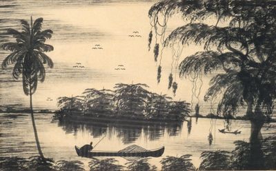 un dessin représentant un bateau sur l'eau, avec des arbres en arrière-plan