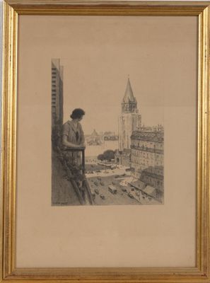 tableau représentant un homme debout sur un rebord, contemplant la ville