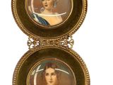 two framed pictures of a woman and a man on a white background