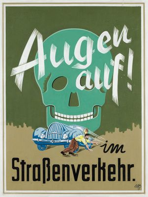 an old poster with a skull and a car on it