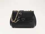 a black handbag with a chain strap and a gold clasp