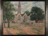 une peinture à l'huile représentant une église dans un champ bordé d'arbres