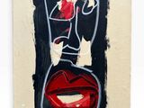 an abstract painting of a woman ' s face with a red lip
