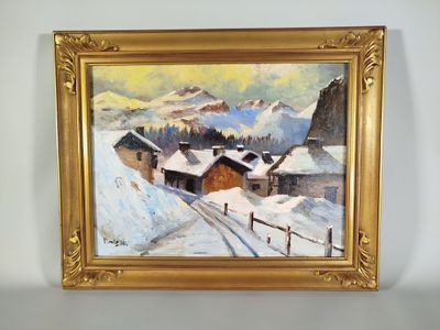 une image représentant un tableau d'un village de montagne, dans un cadre doré