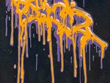 purple and yellow graffiti on a black background with yellow drips