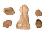 several pieces of stone are arranged in a row on a white surface