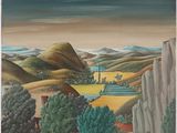 une peinture à l'huile représentant un paysage avec des collines et des arbres au premier plan