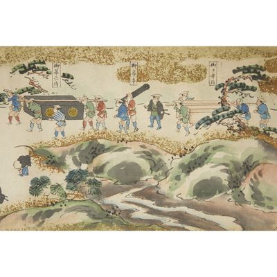 painting of a group of people in a landscape with trees and rocks