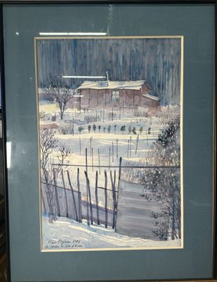 tableau représentant une ferme sous la neige, avec une clôture au premier plan