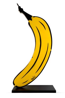 a close up of a banana on a stand on a white background
