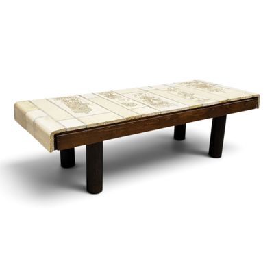 a wooden bench with tile on it on a white background