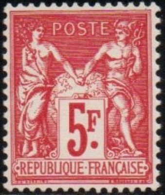 a red and black stamp with a picture of two women on it