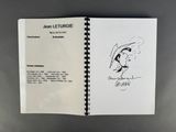 a close up of a book with a drawing of a man holding an umbrella
