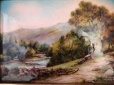 a picture of a painting of a train coming down the tracks