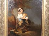an oil painting of a woman holding a child in her arms