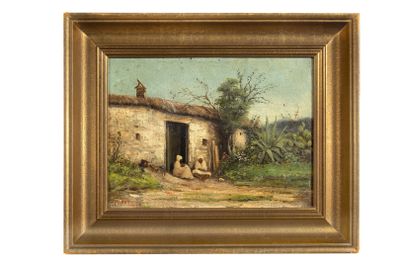 une peinture à l'huile représentant une scène de ferme avec un chien et des poules
