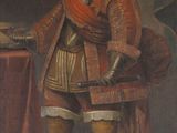 un vieux tableau représentant un homme vêtu d'un manteau rouge et tenant une épée
