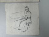 a drawing of a woman playing a piano on a piece of paper