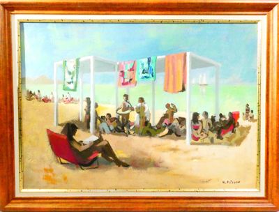 painting of a group of people sitting on a beach under umbrellas