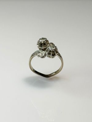 a close up of a silver ring with two flowers on it