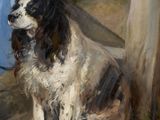 painting of a woman petting a dog in front of a fence