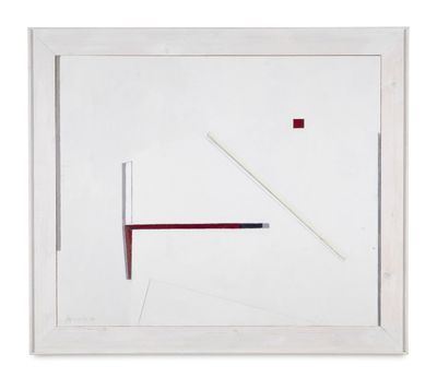 a painting of a white frame with a red line and a pencil in it