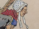 a drawing of a woman carrying a bag with a bird on her shoulder