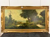 a painting of a landscape with trees and a river in the foreground